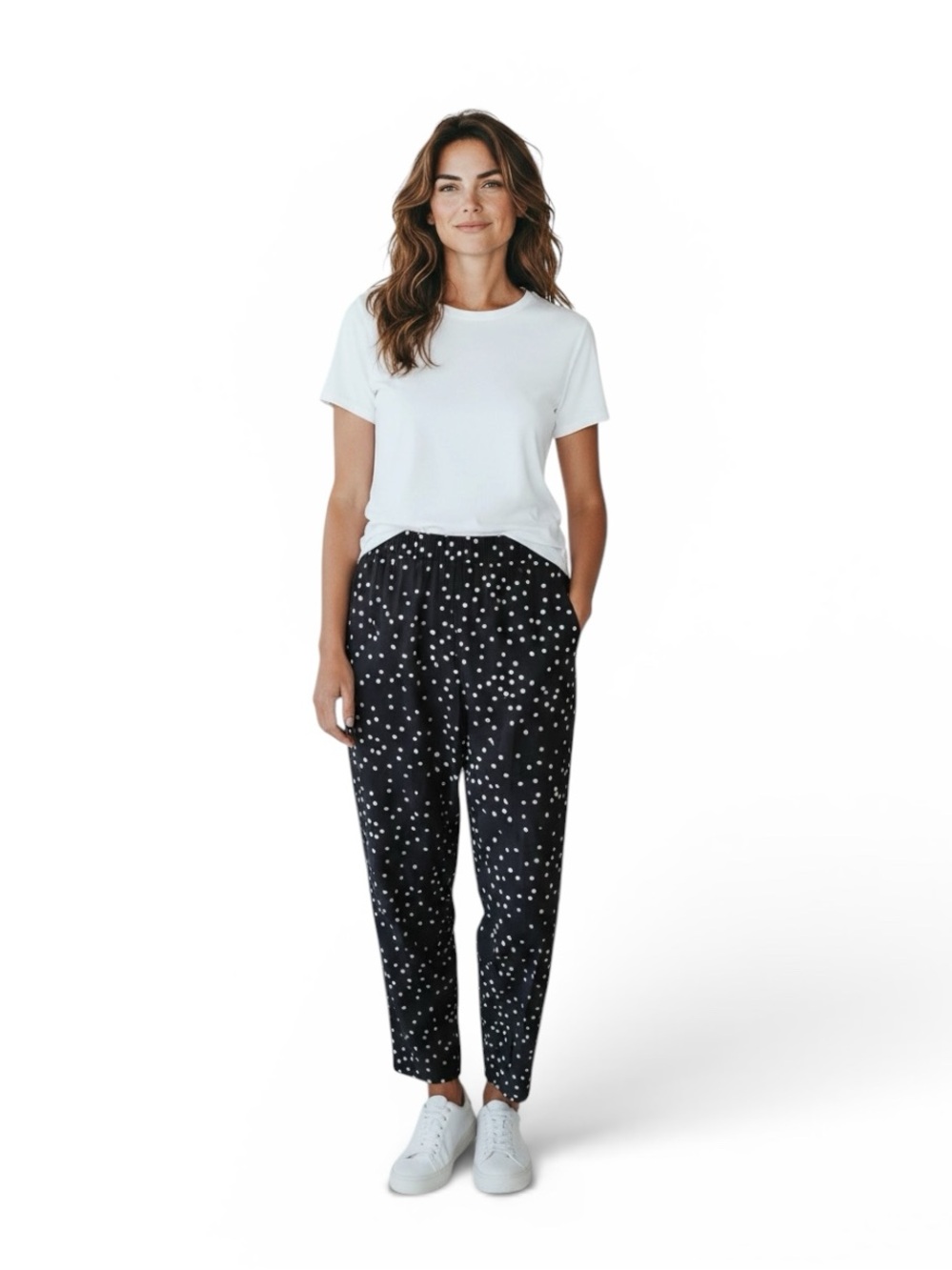 Eileen Fisher Cotton White Short Sleeve Tee and Black Polka Dot Pants Set, M